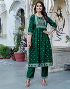 Poly Chinnon Foil Print A-Line 3 Piece Kurta Set
