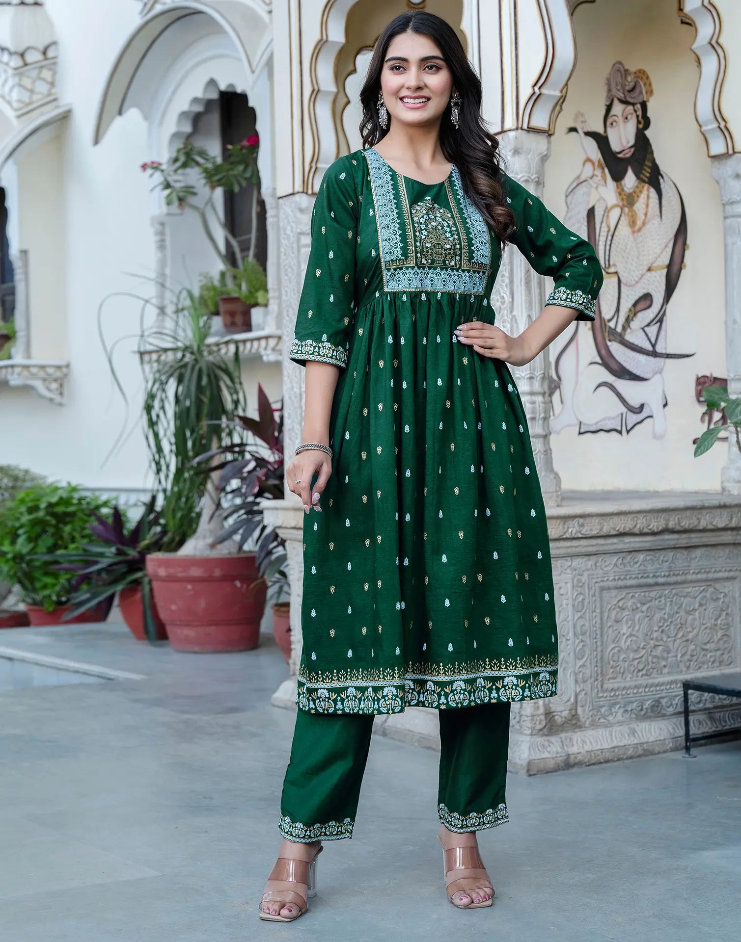 Poly Chinnon Foil Print A-Line 3 Piece Kurta Set