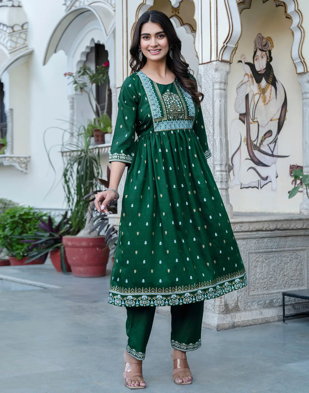 Poly Chinnon Foil Print A-Line 3 Piece Kurta Set