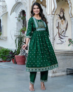Poly Chinnon Foil Print A-Line 3 Piece Kurta Set