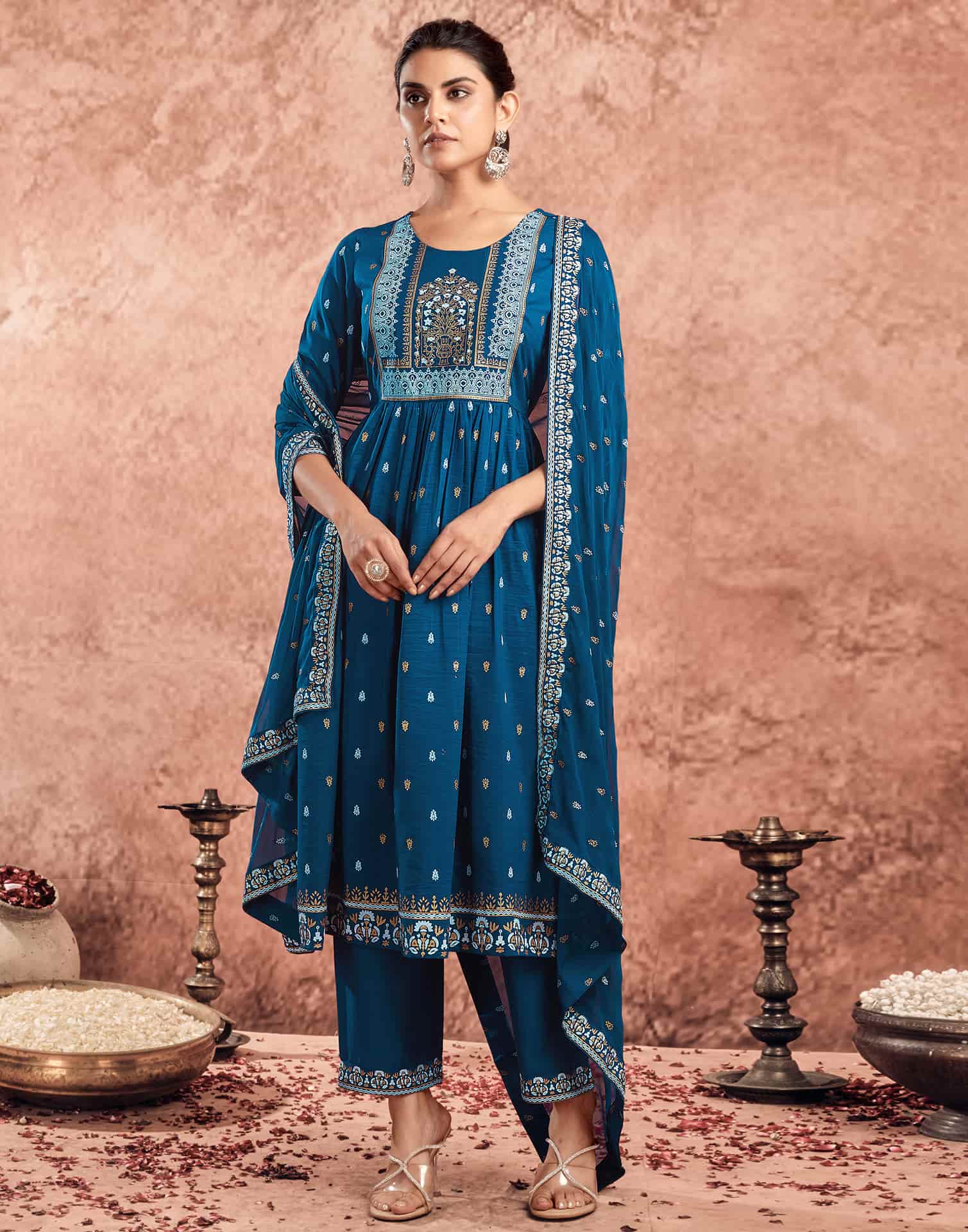 Blue Cotton Printed Anarkali Kurta Set with Pant & Dupatta Festive Wear for Women