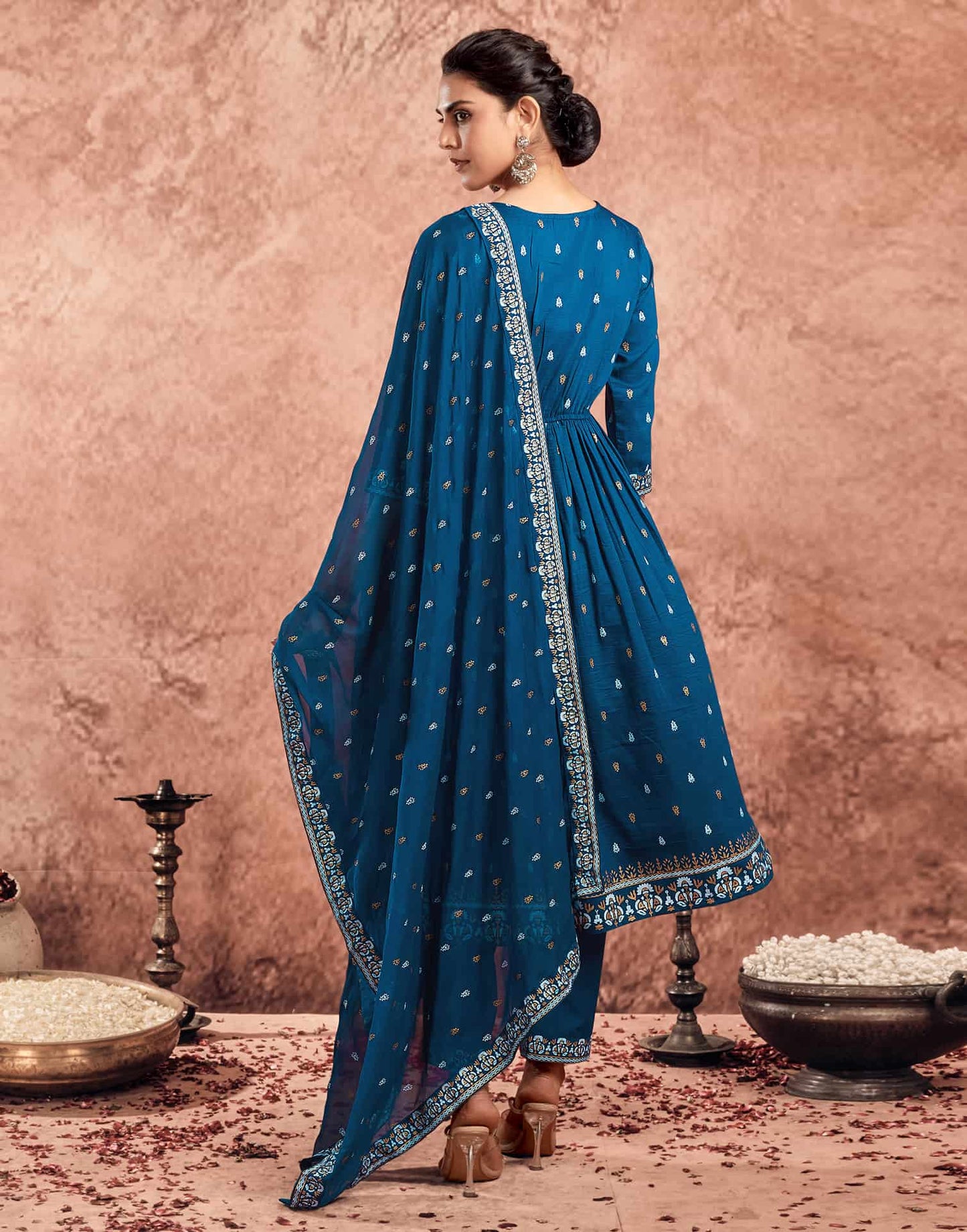 Blue Cotton Printed Anarkali Kurta Set with Pant & Dupatta Festive Wear for Women