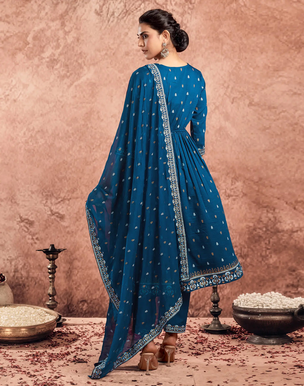 Poly Chinnon Foil Print A-Line 3 Piece Kurta Set