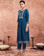 Poly Chinnon Foil Print A-Line 3 Piece Kurta Set