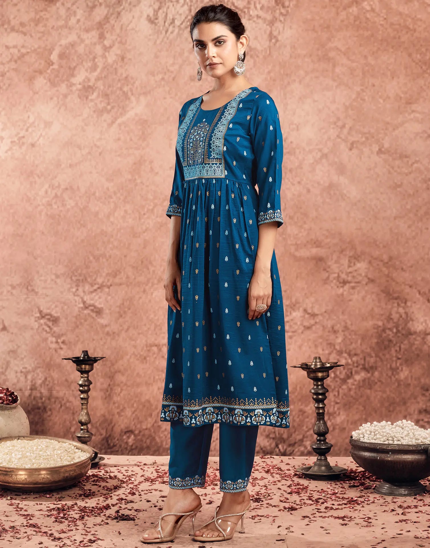 Poly Chinnon Foil Print A-Line 3 Piece Kurta Set