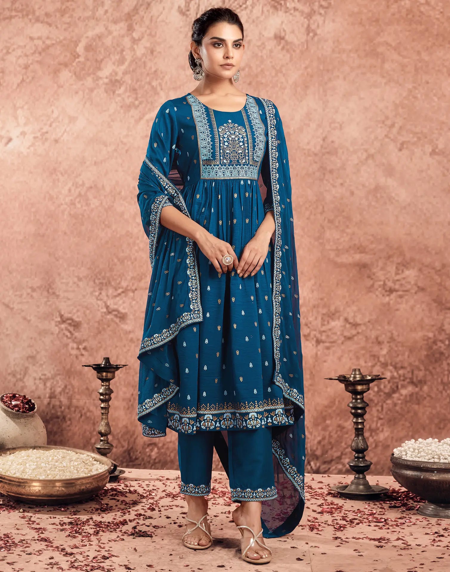 Poly Chinnon Foil Print A-Line 3 Piece Kurta Set