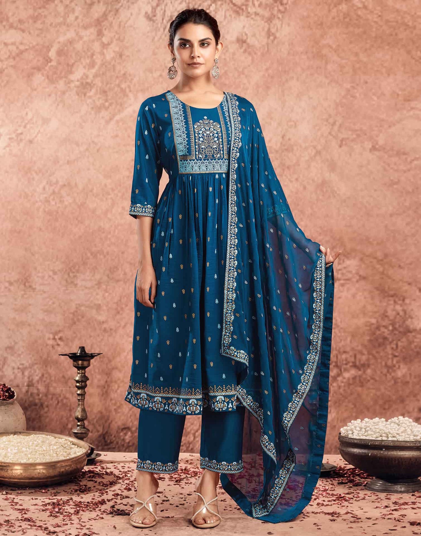 Blue Cotton Printed Anarkali Kurta Set with Pant & Dupatta Festive Wear for Women