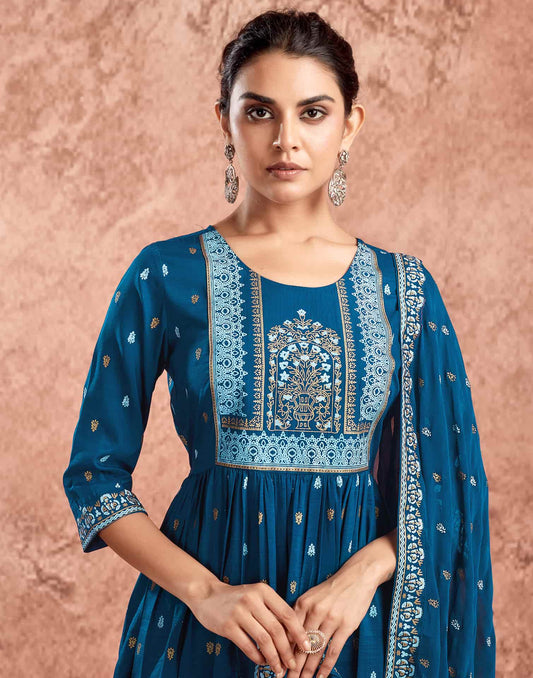 Blue Cotton Printed Anarkali Kurta Set with Pant & Dupatta Festive Wear for Women