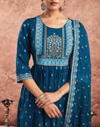 Poly Chinnon Foil Print A-Line 3 Piece Kurta Set