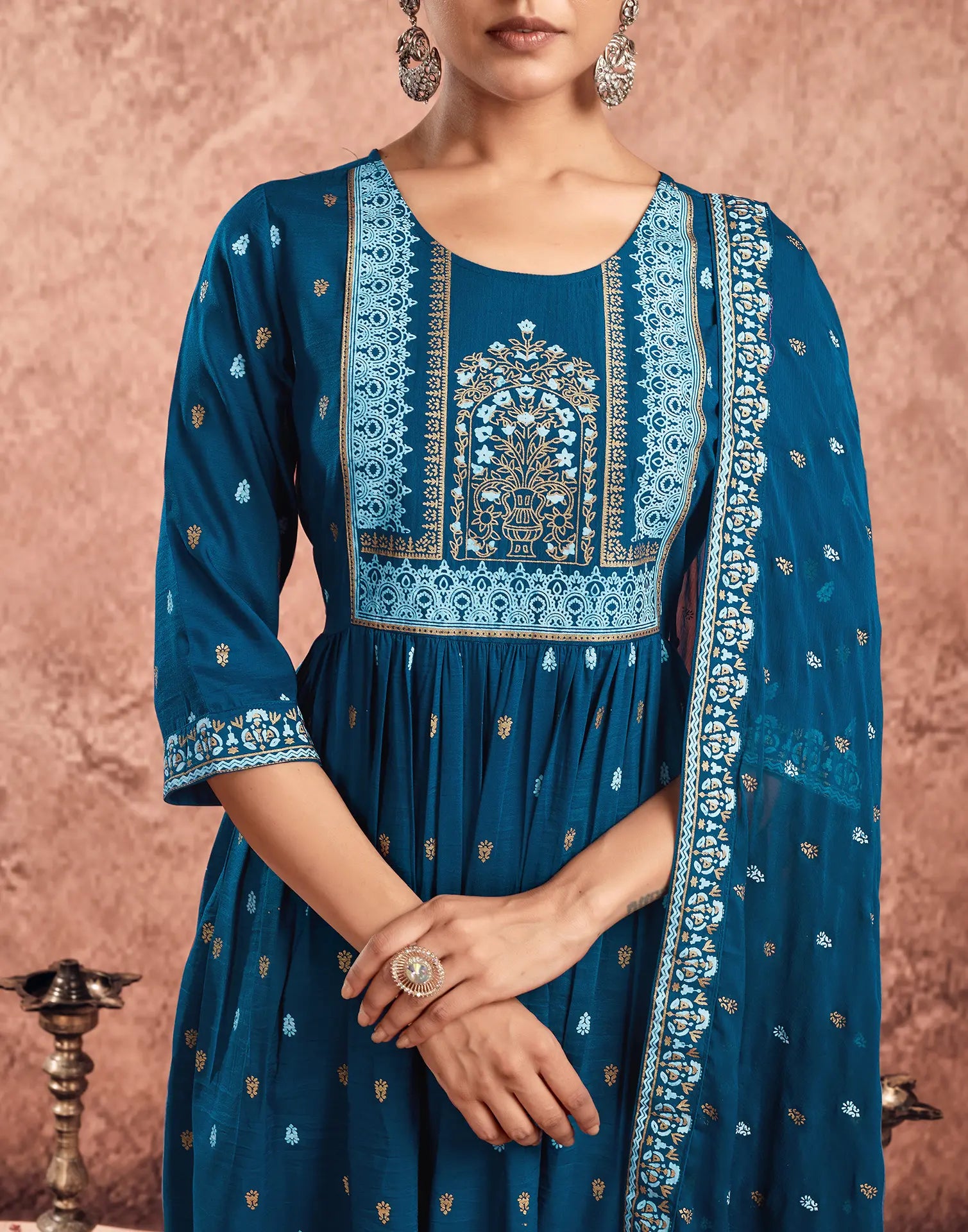 Poly Chinnon Foil Print A-Line 3 Piece Kurta Set