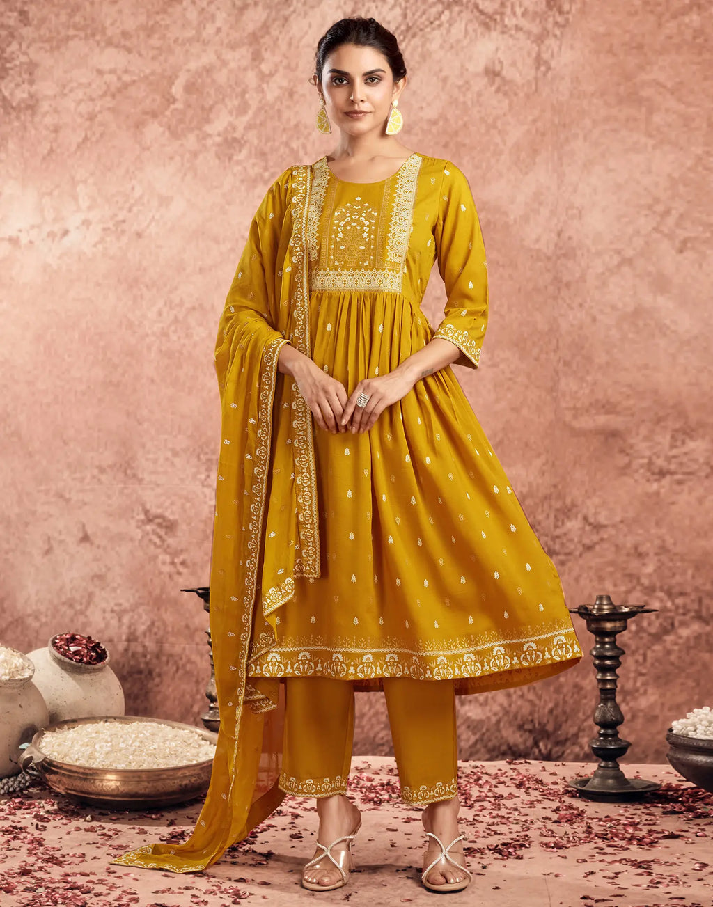 Poly Chinnon Foil Print A-Line 3 Piece Kurta Set