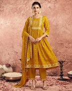 Poly Chinnon Foil Print A-Line 3 Piece Kurta Set
