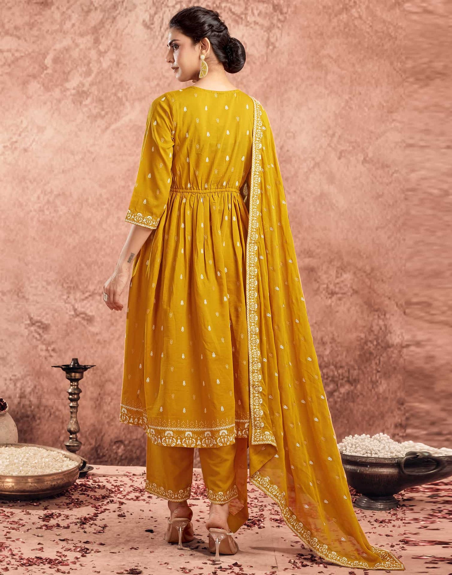 Yellow Cotton Printed Anarkali Kurta Set with Pant & Dupatta Festive Wear