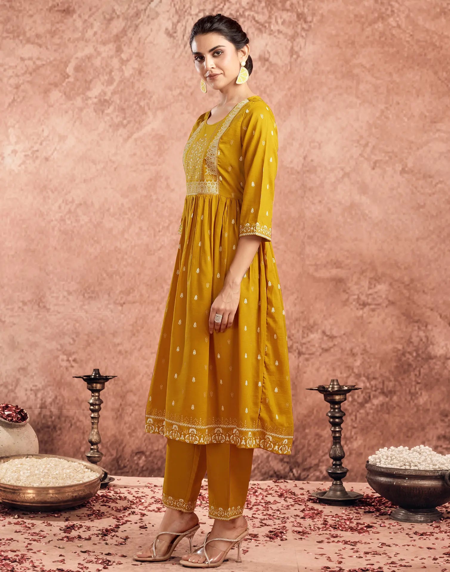 Poly Chinnon Foil Print A-Line 3 Piece Kurta Set