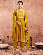 Poly Chinnon Foil Print A-Line 3 Piece Kurta Set