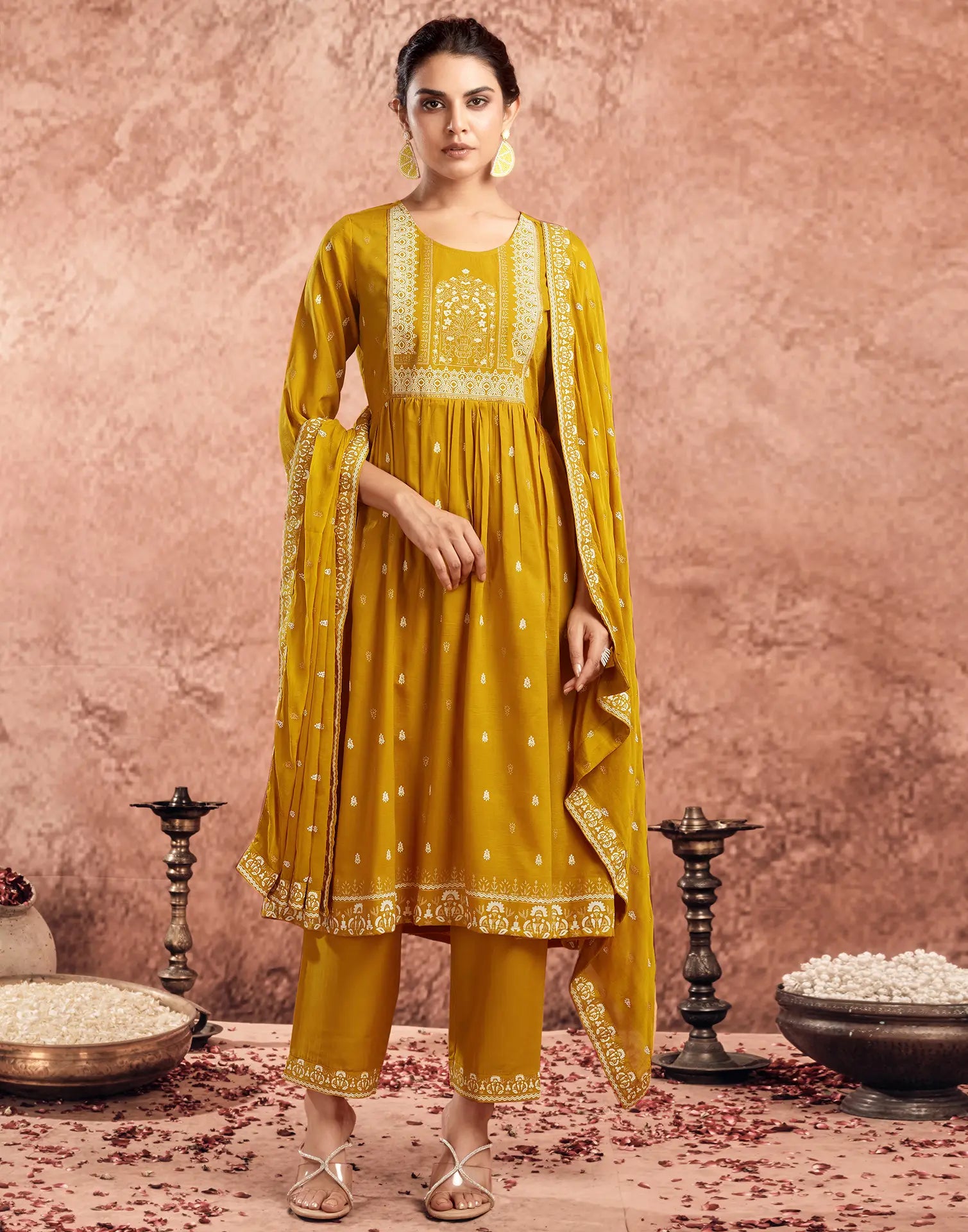 Poly Chinnon Foil Print A-Line 3 Piece Kurta Set