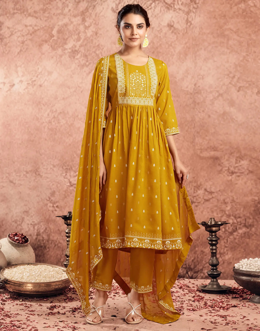 Poly Chinnon Foil Print A-Line 3 Piece Kurta Set
