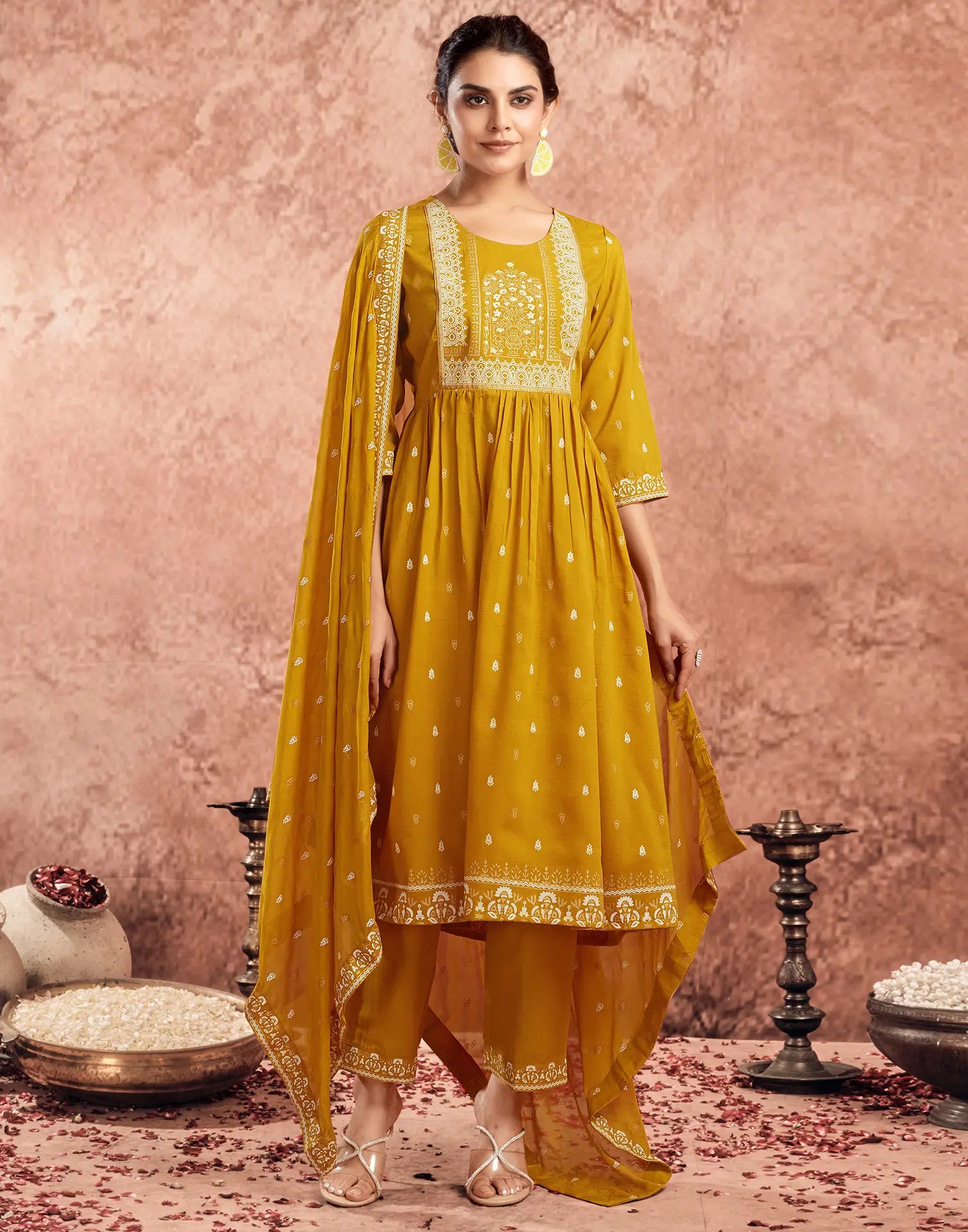 Poly Chinnon Foil Print A-Line 3 Piece Kurta Set