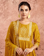 Poly Chinnon Foil Print A-Line 3 Piece Kurta Set