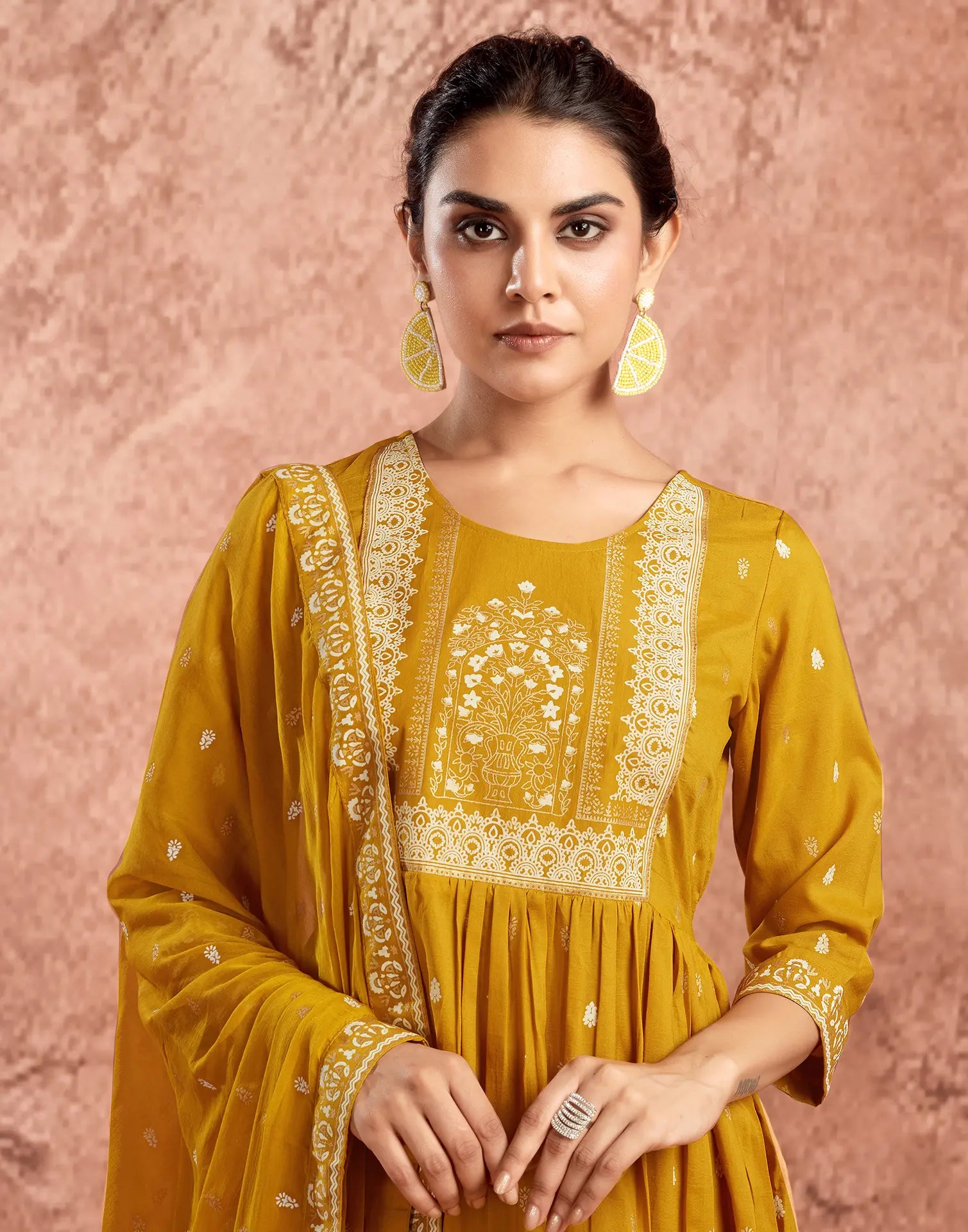 Poly Chinnon Foil Print A-Line 3 Piece Kurta Set