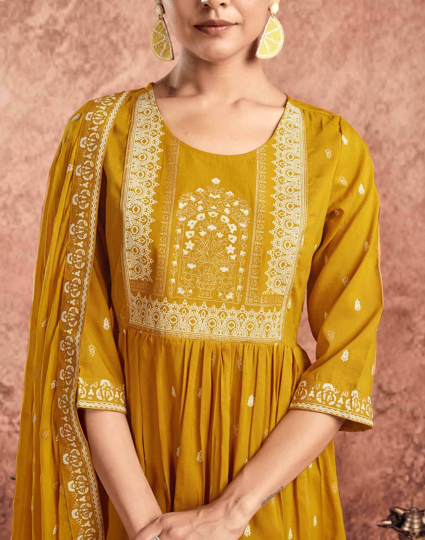 Yellow Cotton Printed Anarkali Kurta Set with Pant & Dupatta Festive Wear