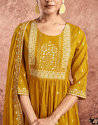 Poly Chinnon Foil Print A-Line 3 Piece Kurta Set