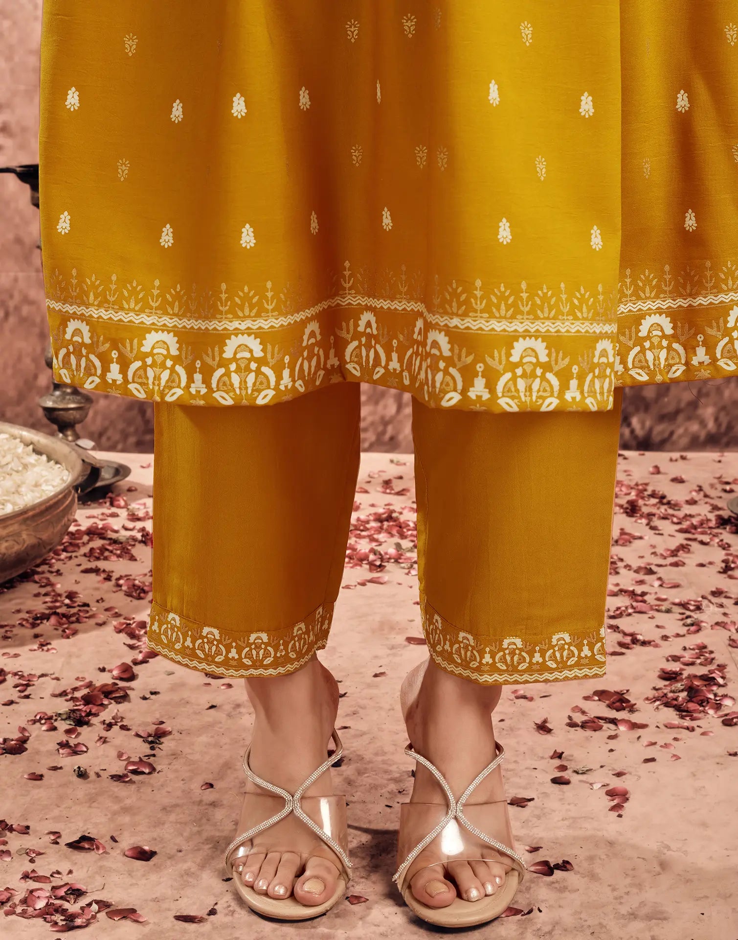 Poly Chinnon Foil Print A-Line 3 Piece Kurta Set