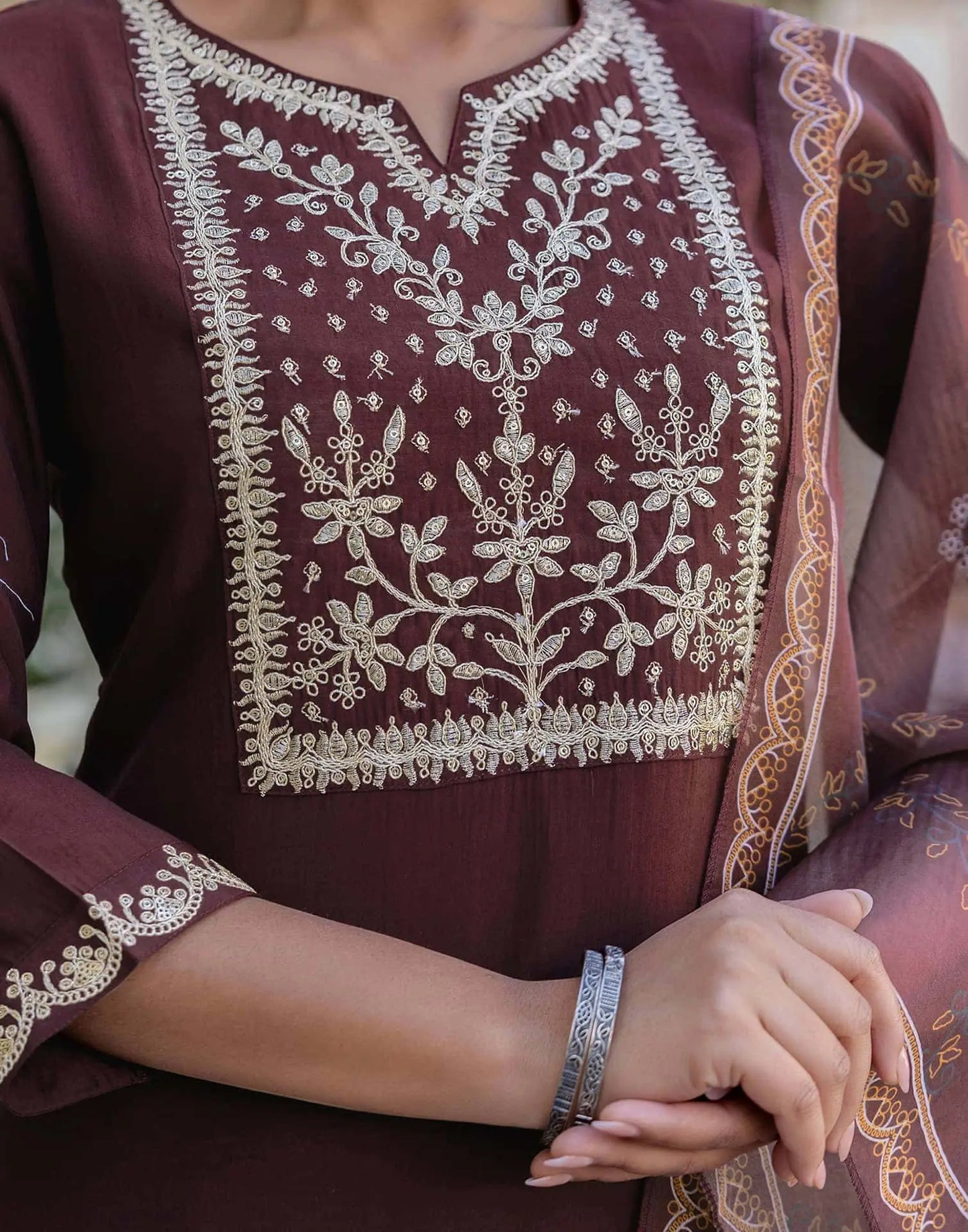 Skylee Brown silk straight kurta set with embroidery and sequins work with pant and dupatta