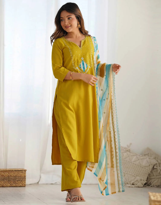 Silk Embroidery and Sequin Work Straight Kurta with Pant & Dupatta