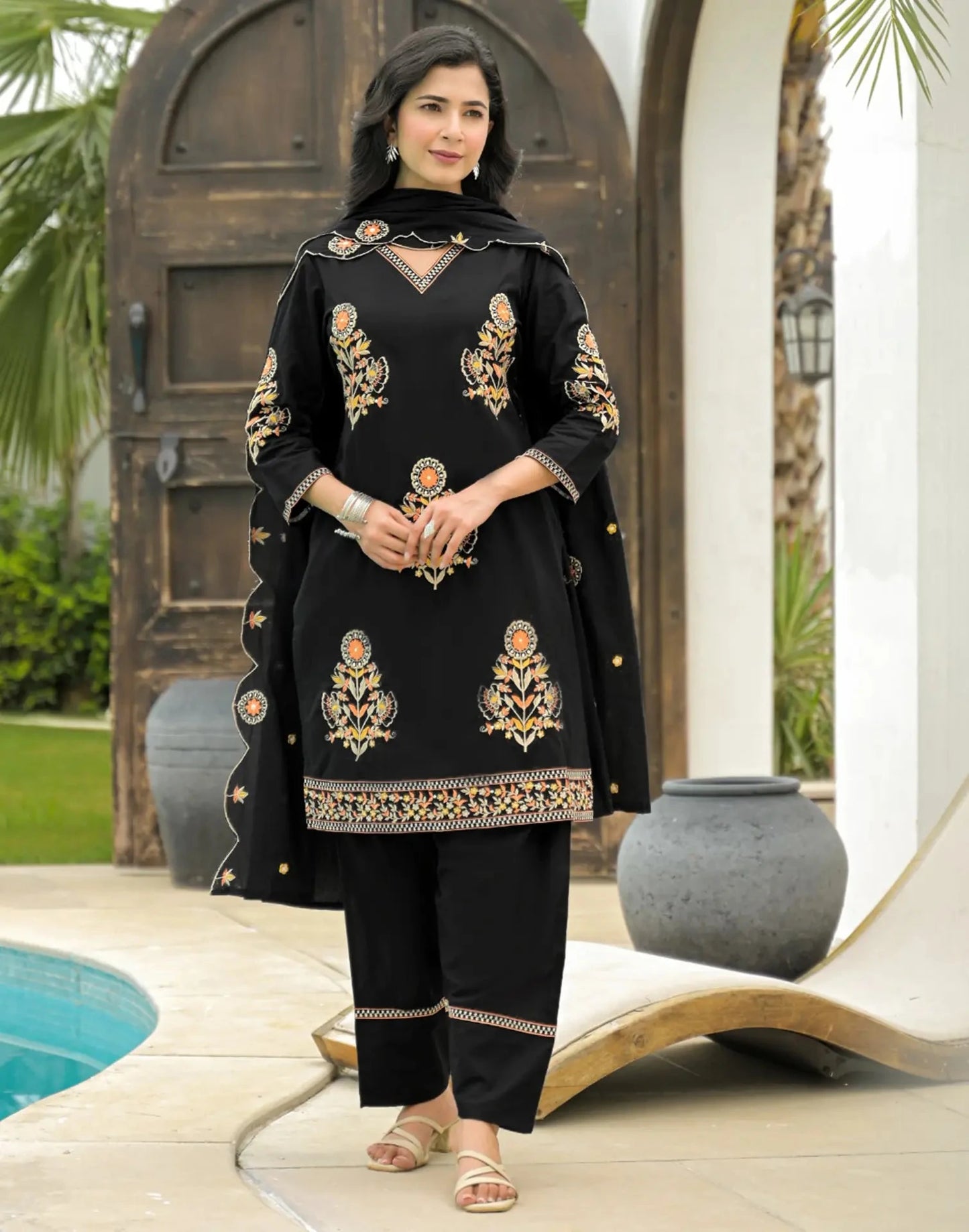 Cotton Embroidered V-Neck Straight Kurta with Pant & Dupatta
