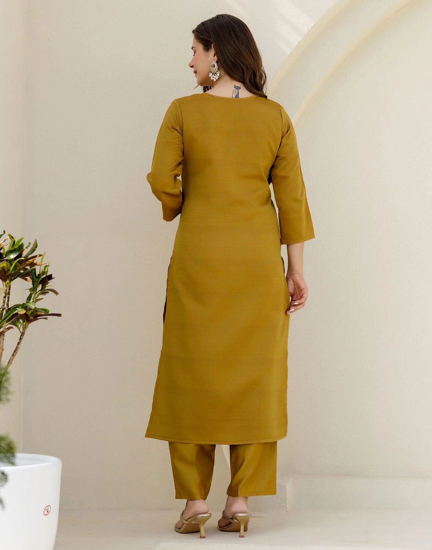 Affordable Yellow Silk Embroidered Straight Kurta Set under 999