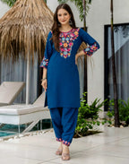 Skylee Poly Chinnon Embroidered Straight 3 Piece Kurta Set For Woman