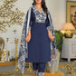 Silk Embroidered V-Neck Straight Kurta with Pant & Dupatta