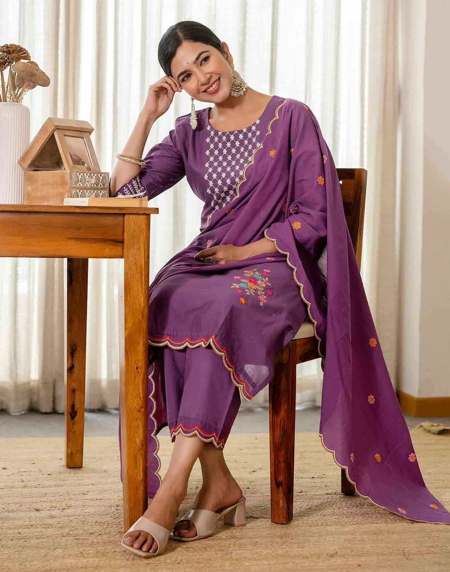 Skylee Purple Cotton Embroidered Straight Kurta with Pant & Dupatta