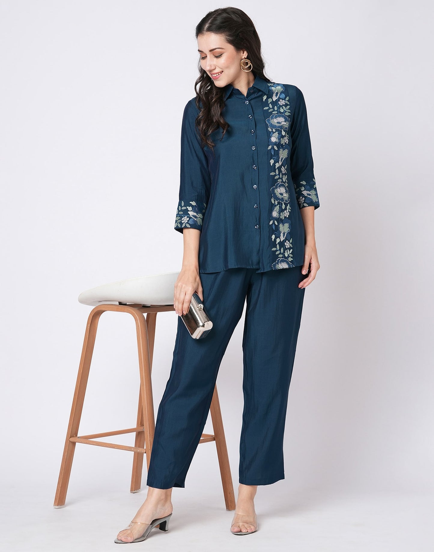 Silk Blend Printed Collared Neck Co-ord Set