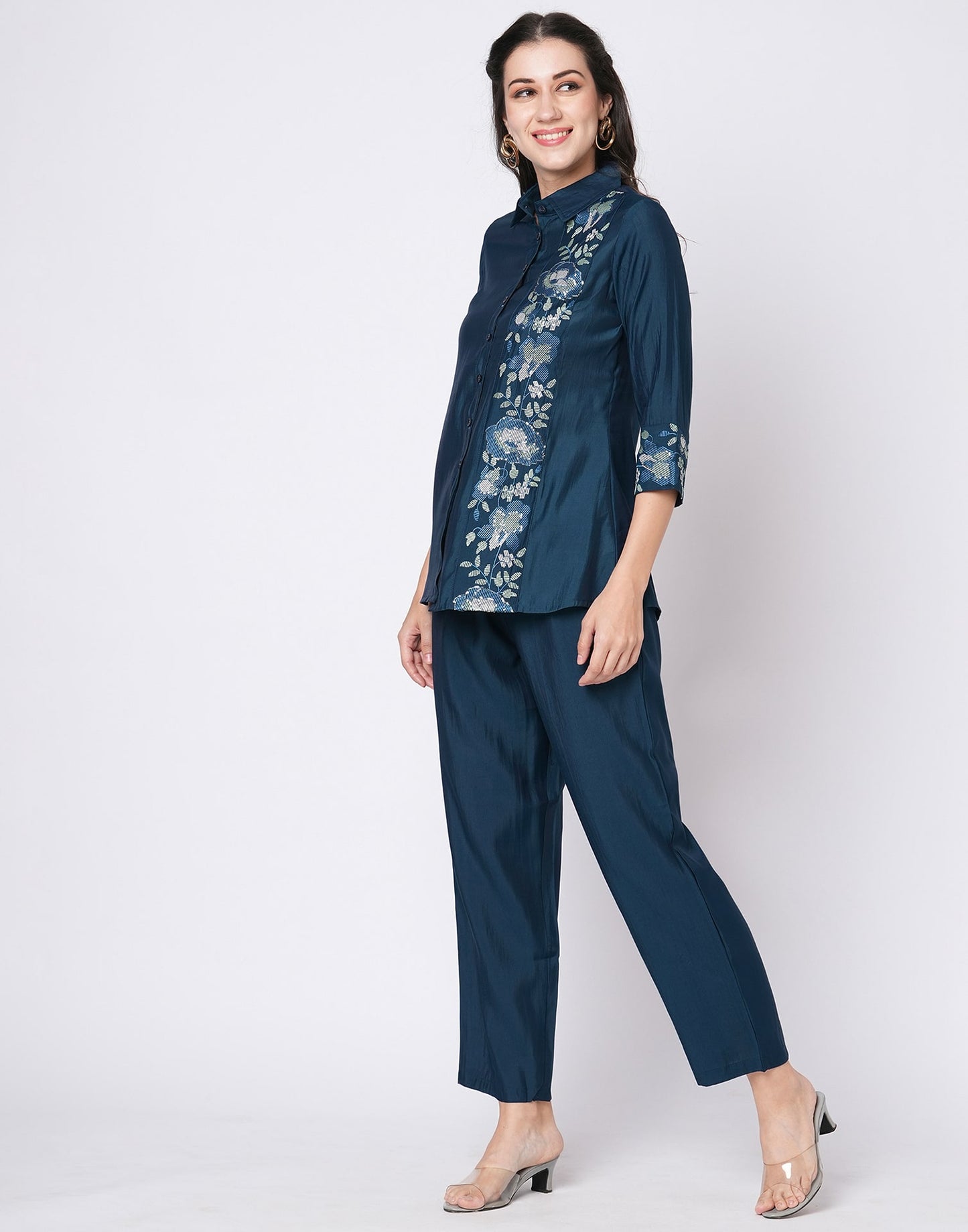 Silk Blend Printed Collared Neck Co-ord Set