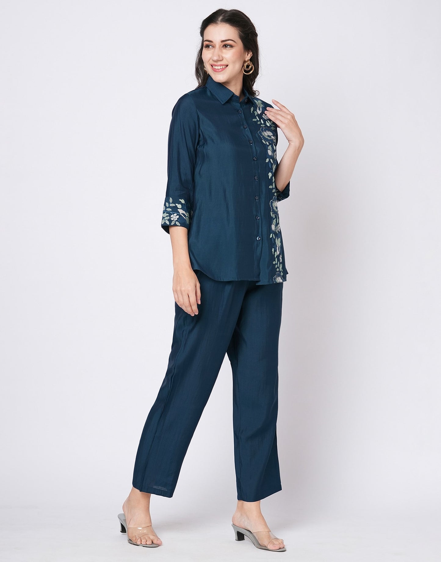 Silk Blend Printed Collared Neck Co-ord Set