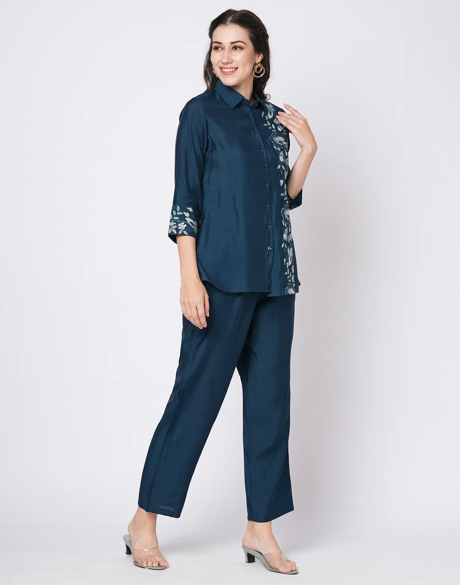 Silk Blend Printed Collared Neck Co-ord Set