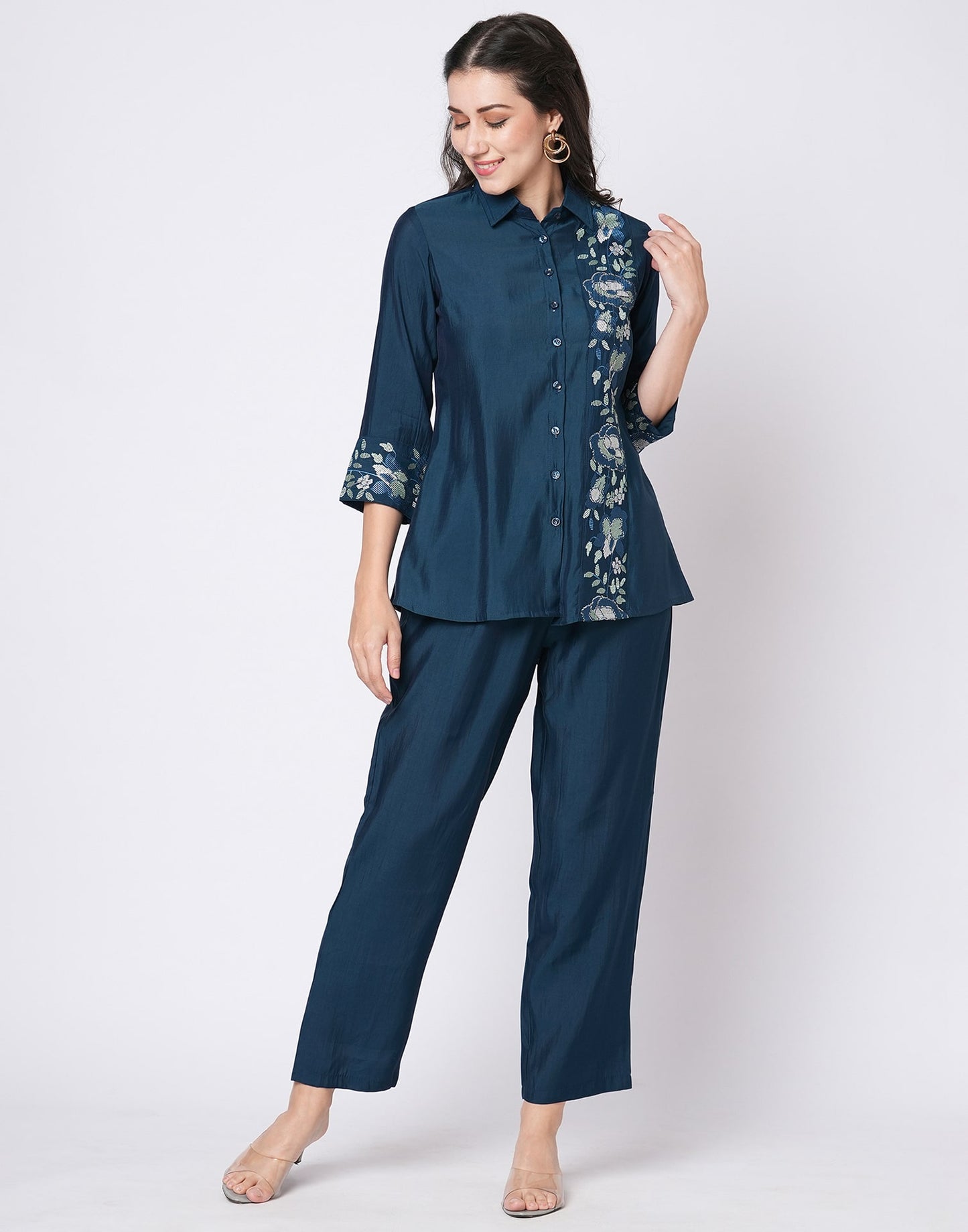 Silk Blend Printed Collared Neck Co-ord Set