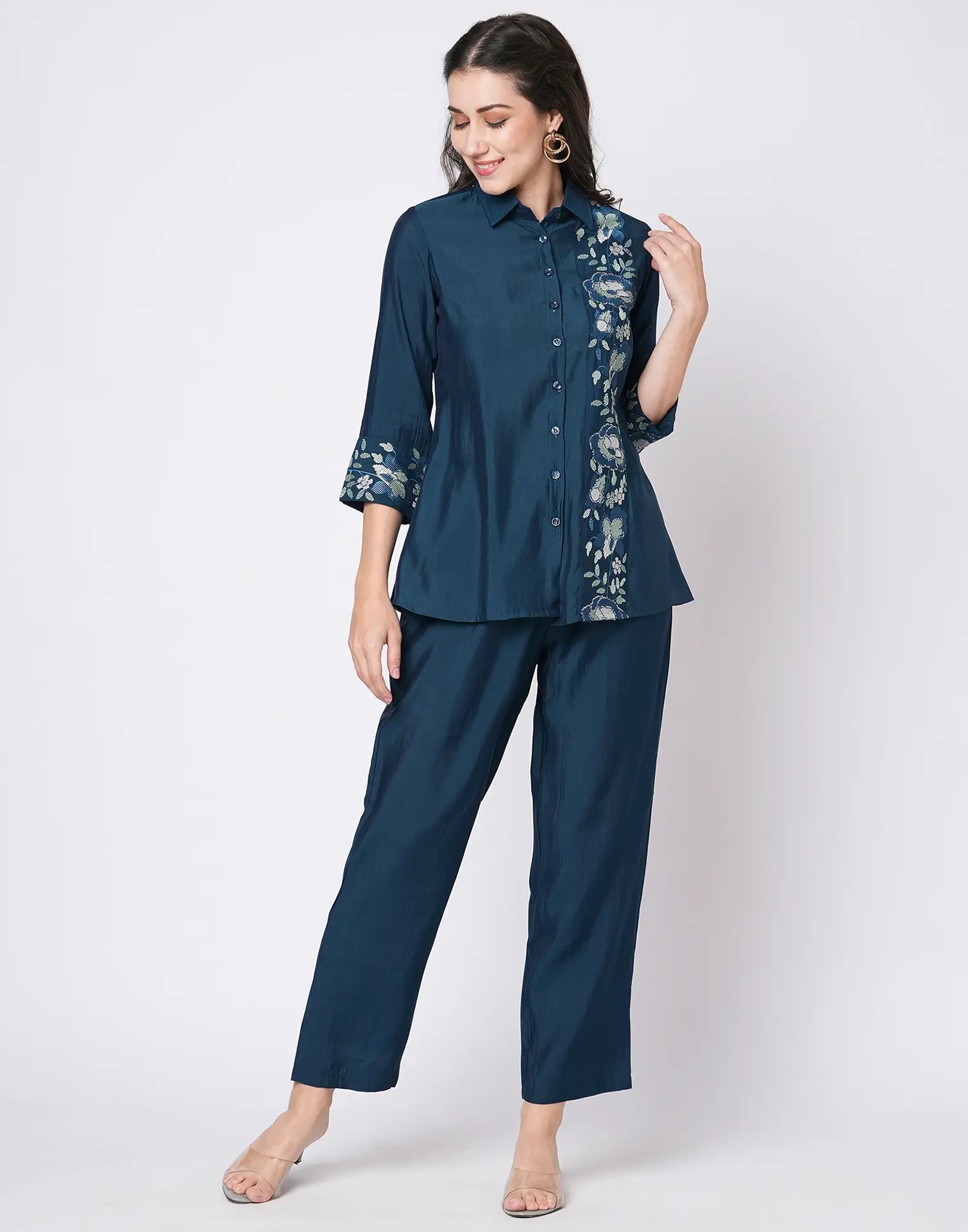 Silk Blend Printed Collared Neck Co-ord Set