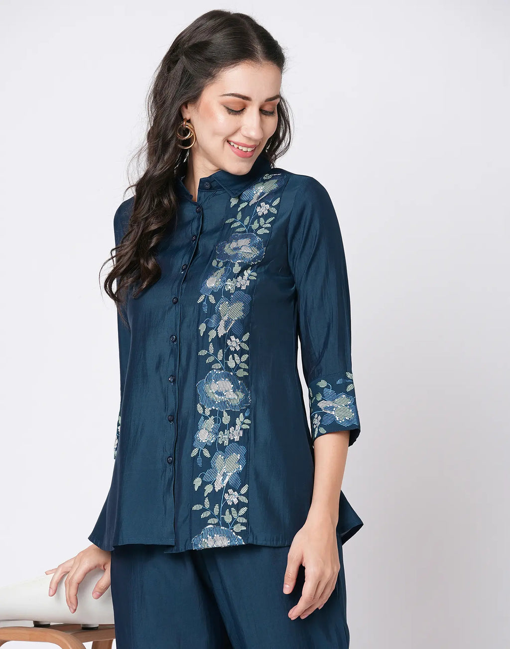 Silk Blend Printed Collared Neck Co-ord Set