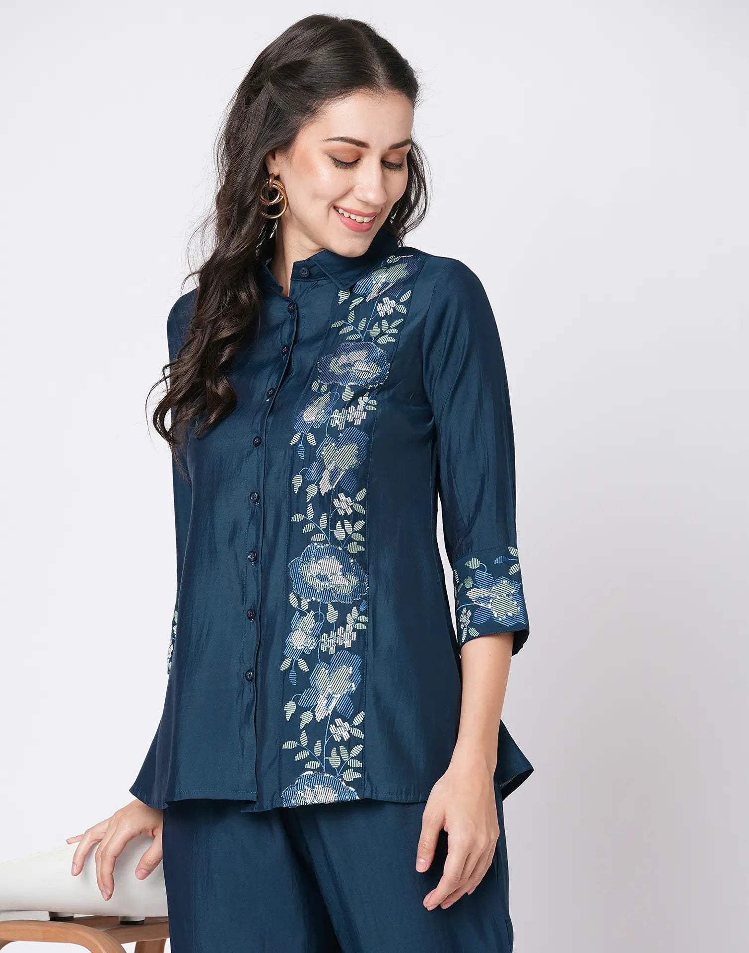 Silk Blend Printed Collared Neck Co-ord Set