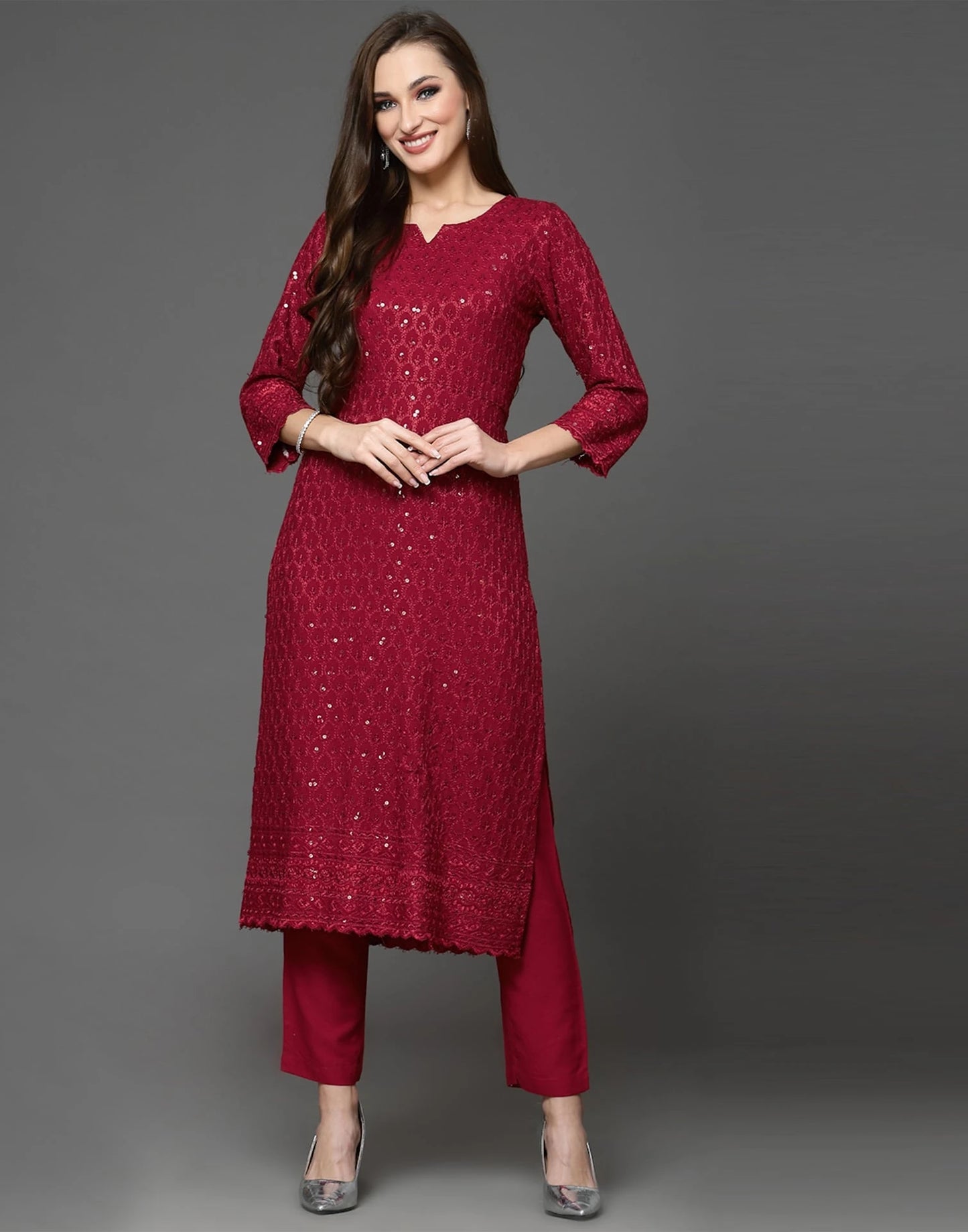 Maroon Rayon Straight Kurta Set with Sequence Embroidery under 1000
