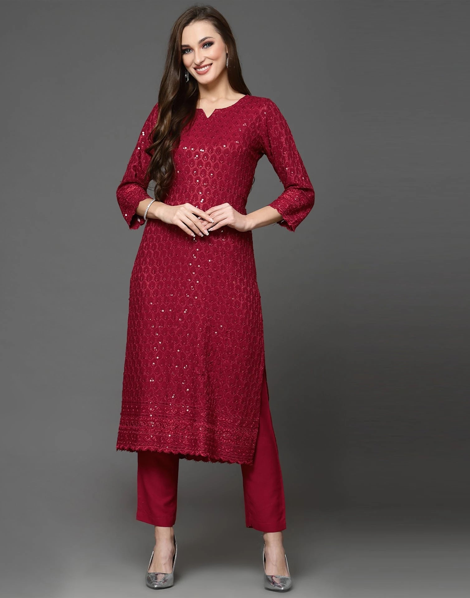 Maroon Rayon Straight Kurta Set with Sequence Embroidery under 1000