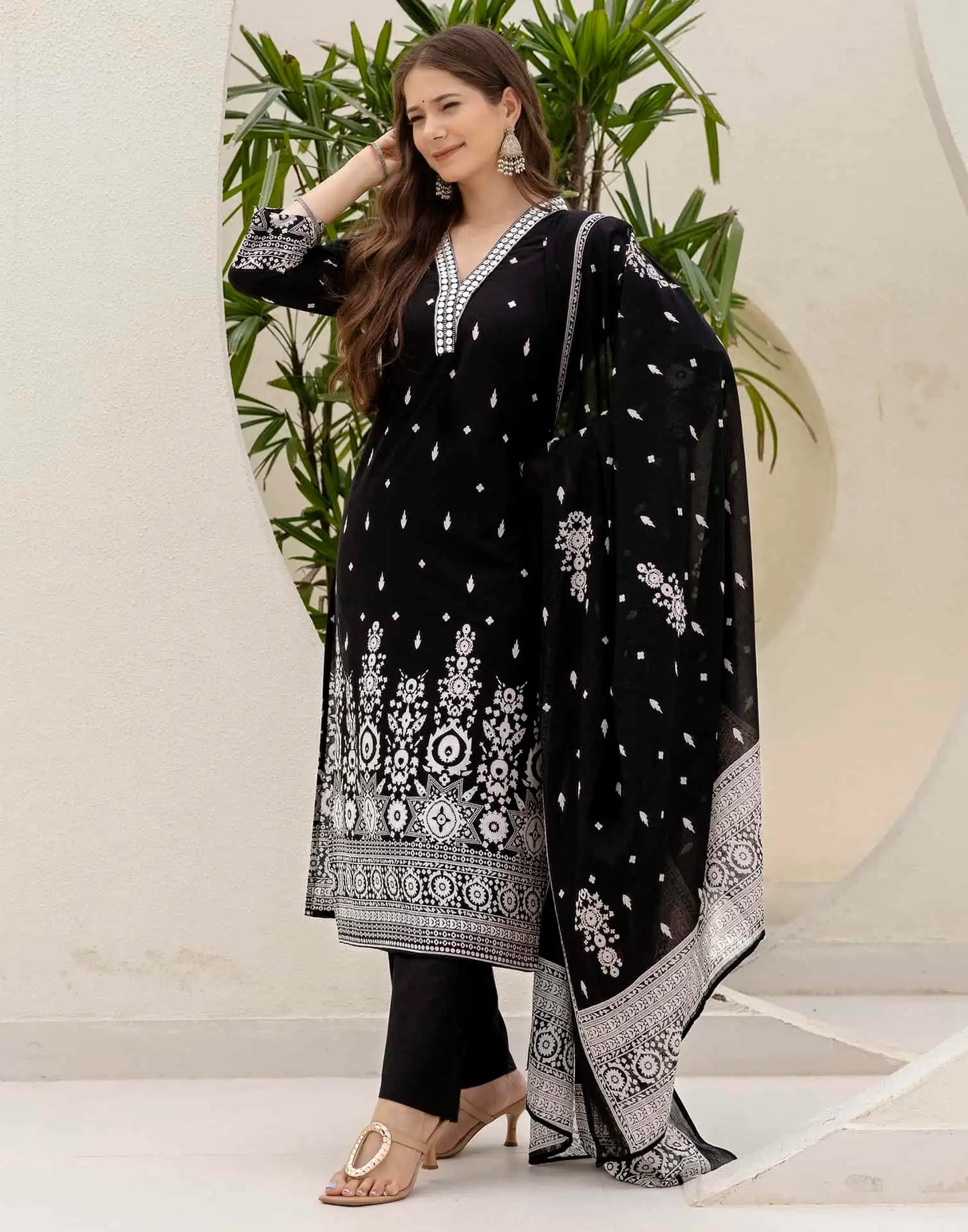 Cotton Straight Embroidery V-Neck Kurta with Pant & Dupatta