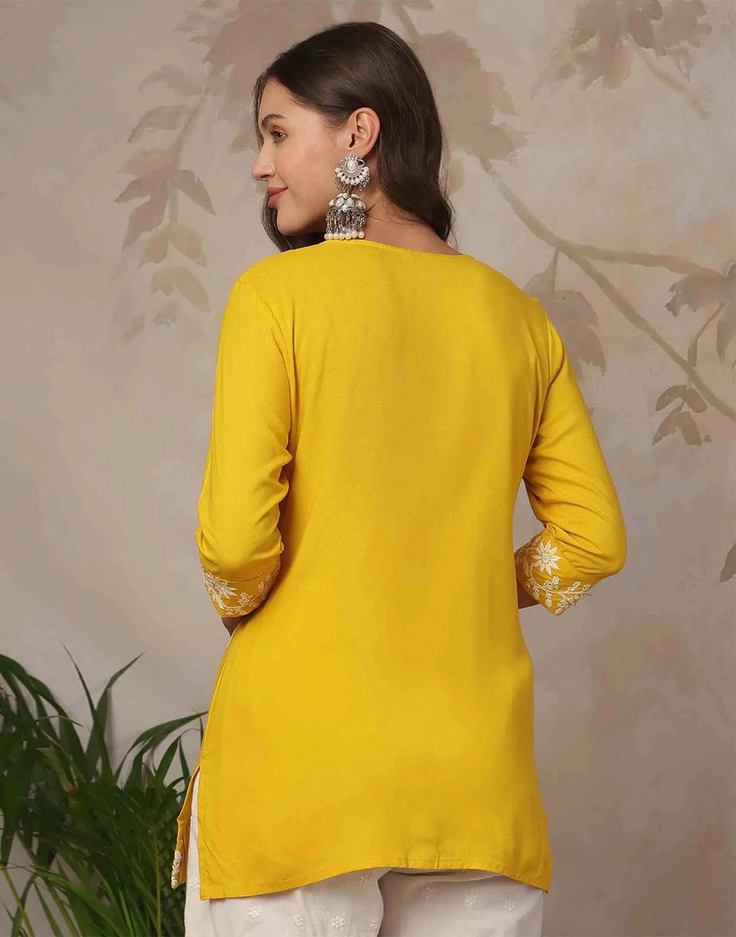 Rayon Chikankari Straight Round Neck Short Kurti