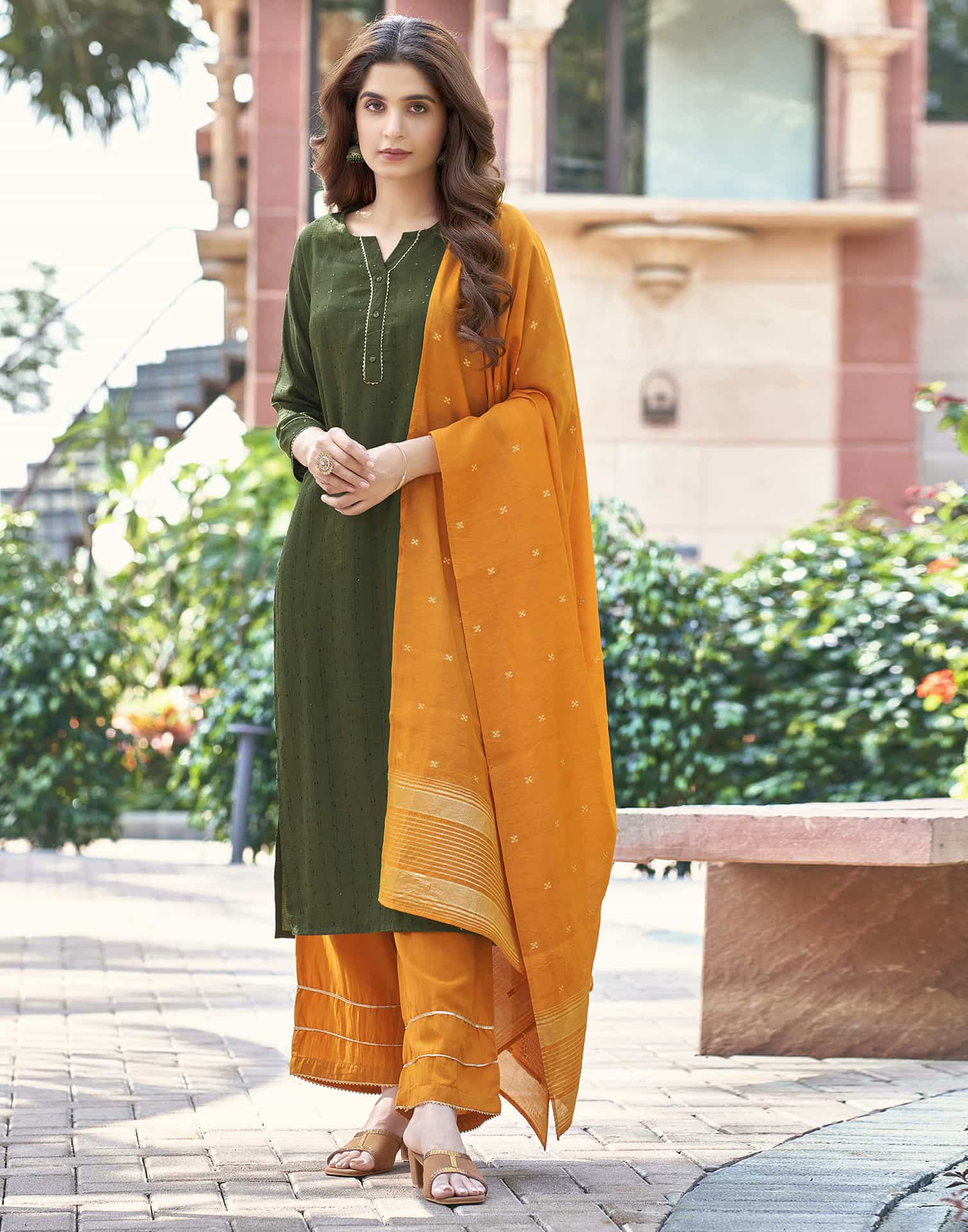 Green Cotton Solid Straight Kurta Set with Pant and Dupatta Festive Wear