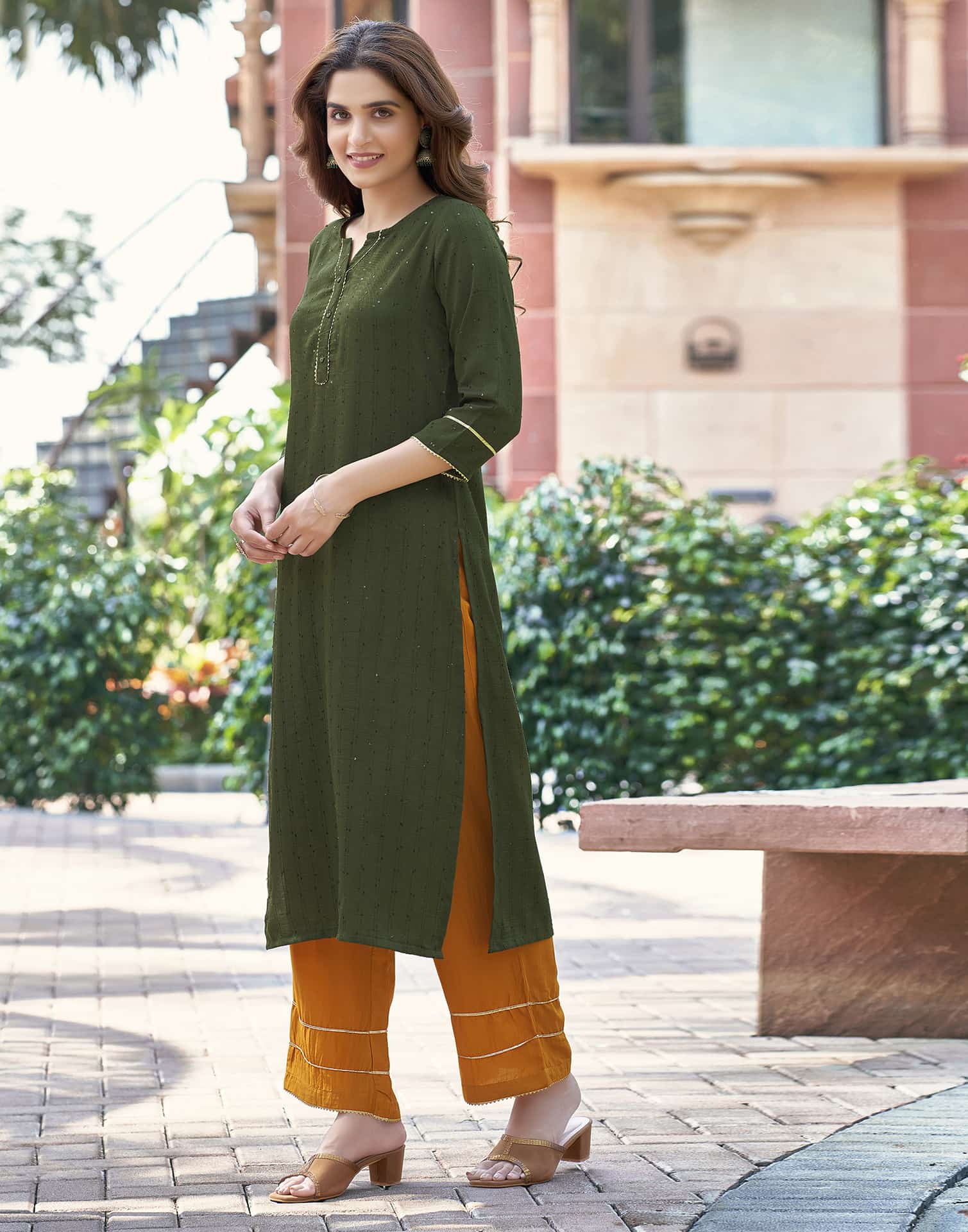 Green Cotton Solid Straight Kurta Set with Pant and Dupatta Festive Wear