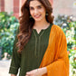 Green Cotton Solid Straight Kurta Set with Pant and Dupatta Festive Wear