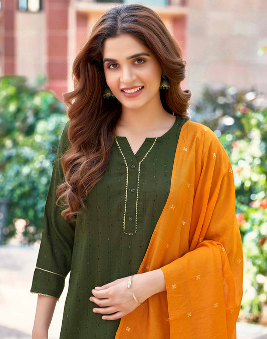 Green Cotton Solid Straight Kurta Set with Pant and Dupatta Festive Wear